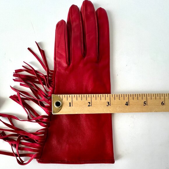 Neiman Marcus Red Leather Italian Gloves with Fringe, Size 7 1/2, Silk Lining EC - Picture 7 of 12